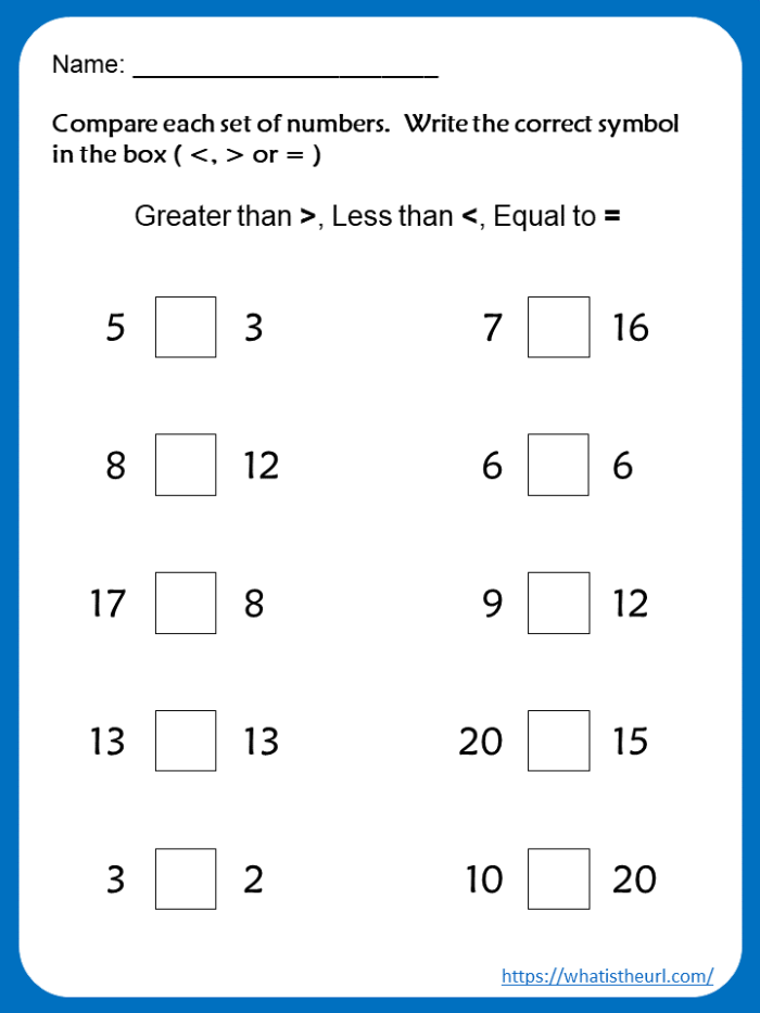 Greater Than and Less Than Worksheet for Kindergarten Lesson 20 Kindergarten math worksheet for comparing groups of four to seven objects to practice greater than and less than