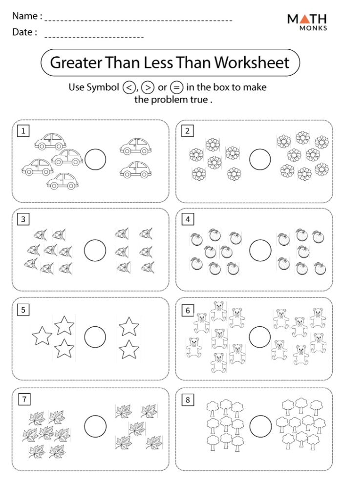 Kindergarten math worksheet for comparing groups of objects to determine if they are greater than less than or equal to