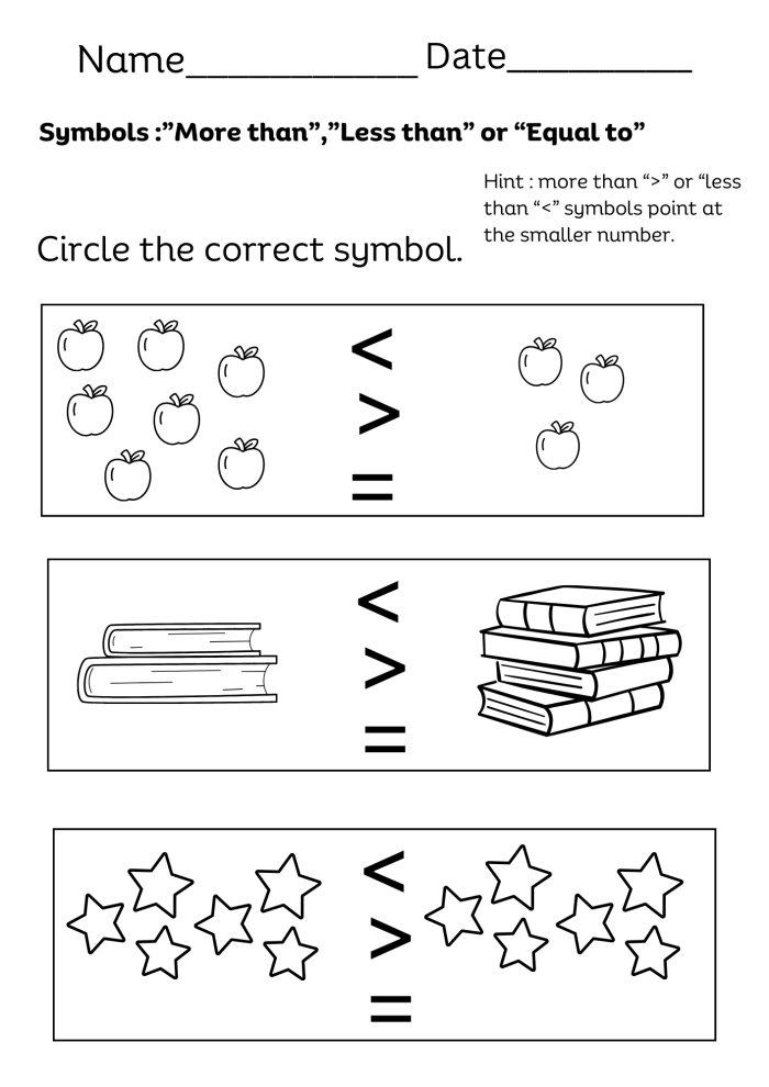 Kindergarten math worksheet for comparing sets of objects using less than and greater than symbols