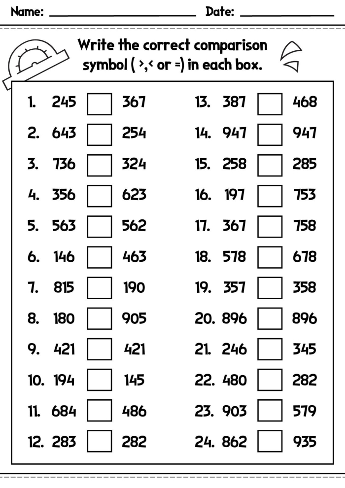 Worksheet for practicing less than and greater than concepts with objects for kindergarteners