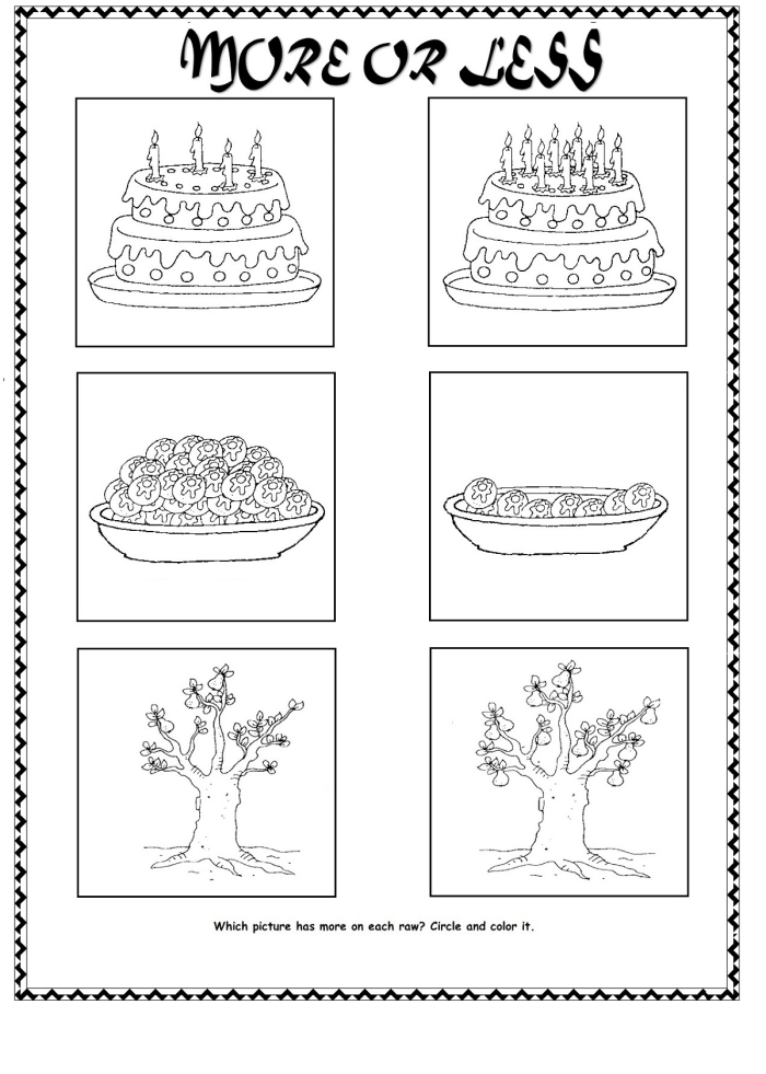 Kindergarten math worksheet for comparing quantities and practicing less or more concepts