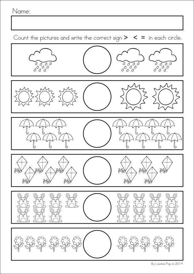 Kindergarten worksheet for comparing quantities to determine which fraction group has less or more