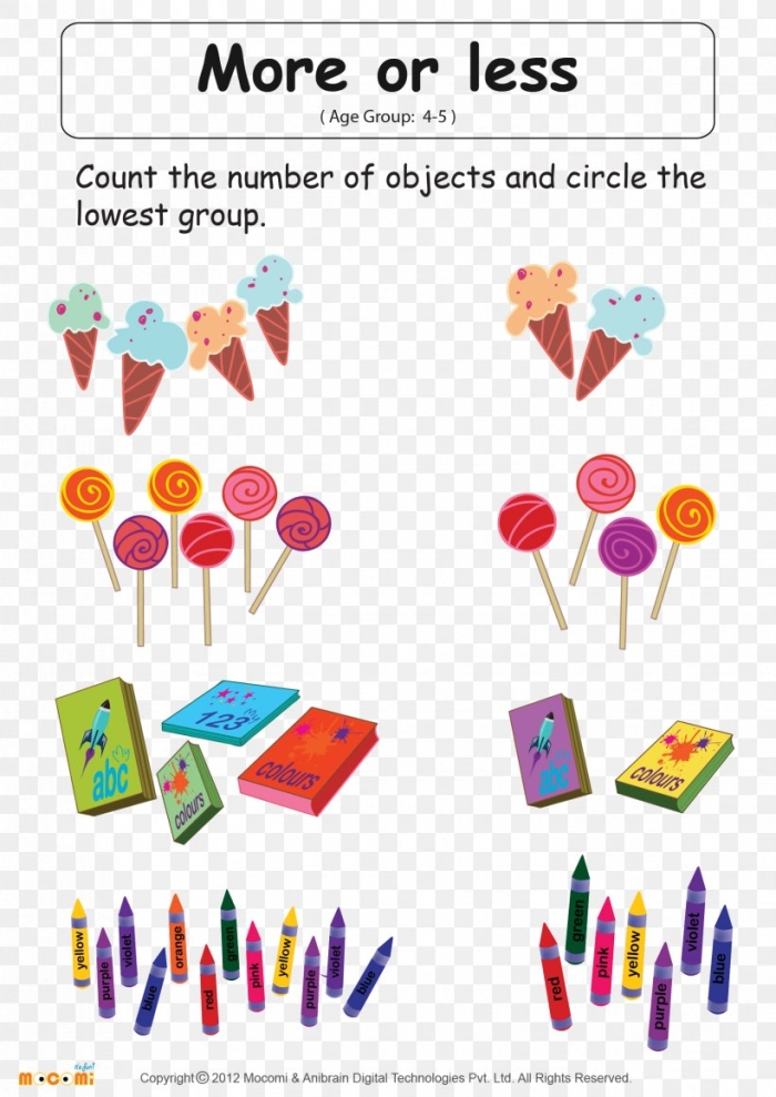 Kindergarten worksheet for comparing quantities and practicing less or more concepts 14