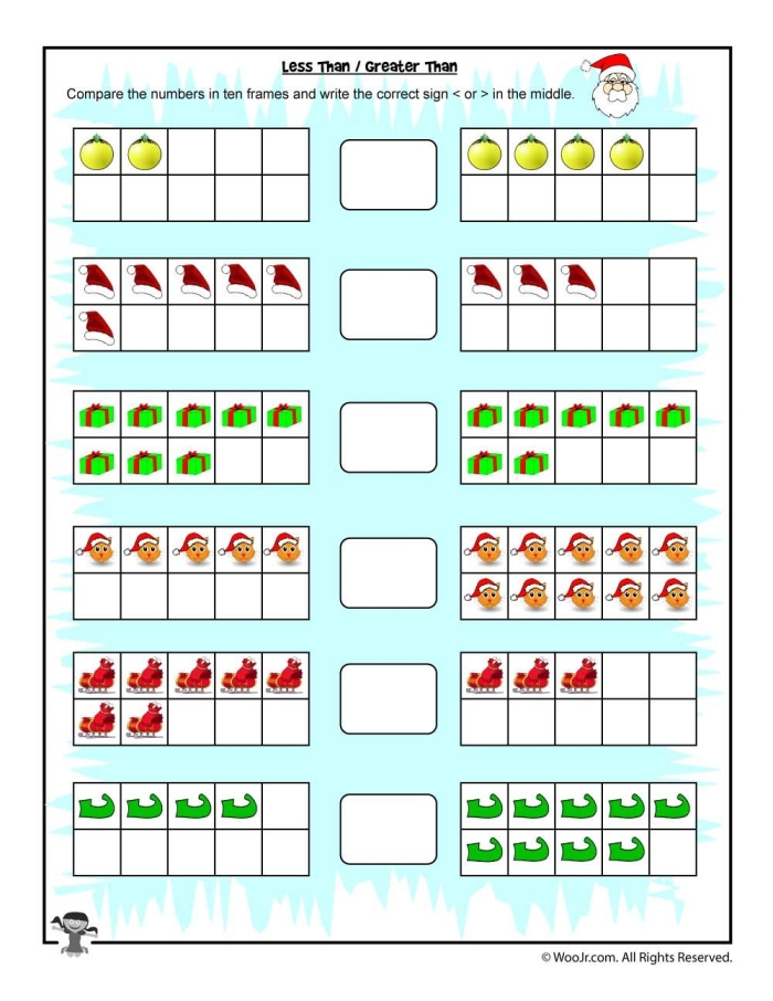 Kindergarten worksheet focused on comparing quantities using less than, greater than, and equal to symbols