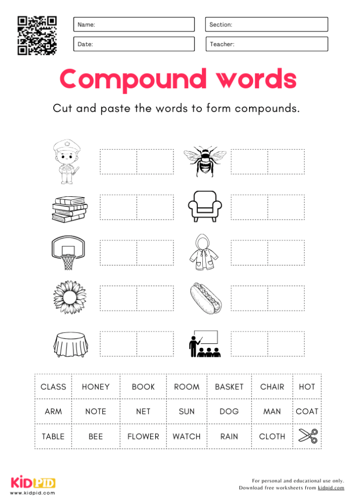 Worksheet for kindergarten students to learn about compound words through cutting and pasting activities