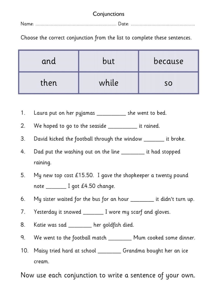 Writing worksheet for Kindergarten Colorful worksheet featuring conjunction examples for kids with fill-in-the-blank sentences. Educational activity sheet designed for kindergarteners to practice using conjunctions.
