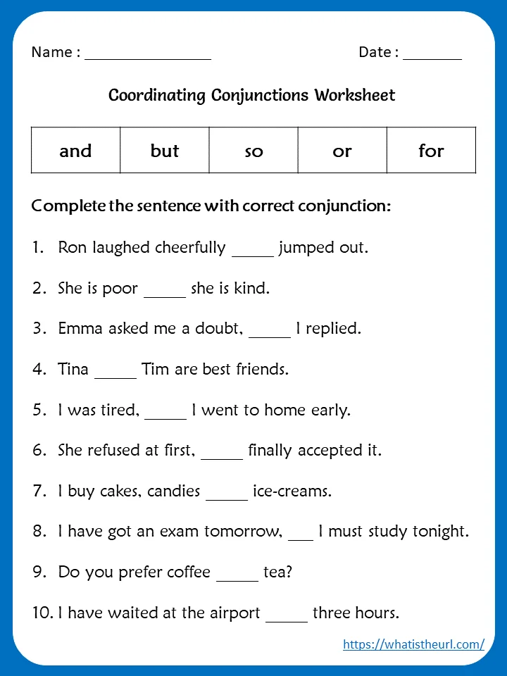 Writing worksheet for Kindergarten Worksheet featuring conjunction examples for kids with fill-in-the-blank sentences. Educational resource for kindergarten students to practice using conjunctions.