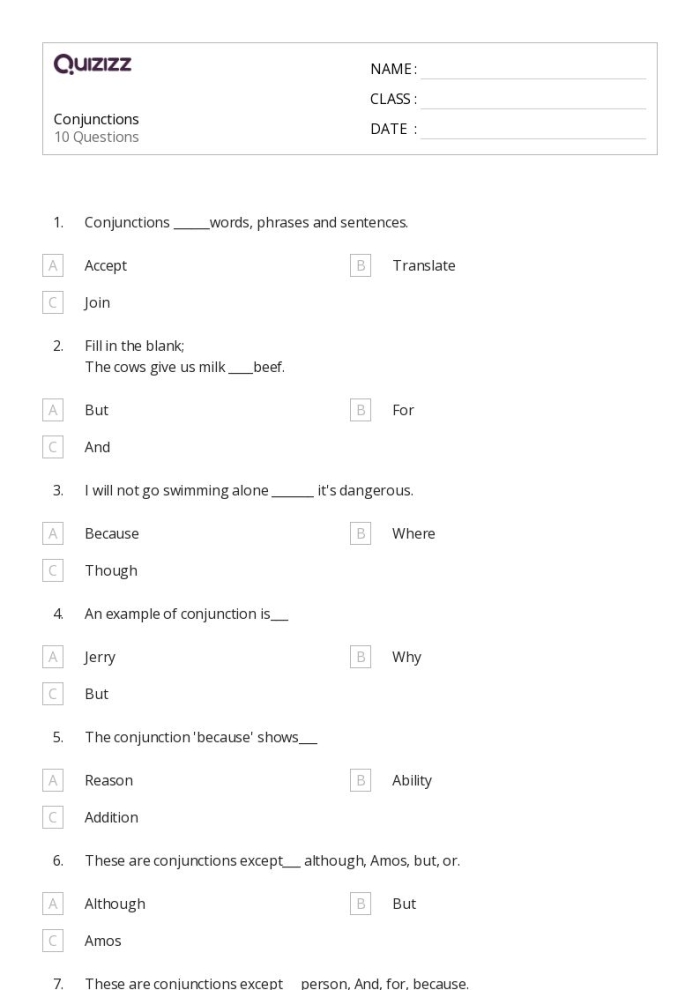 Worksheet image featuring conjunction exercises for kindergarten students Conjunction Examples for Kids worksheet with fill-in-the-blank sentences for young learners