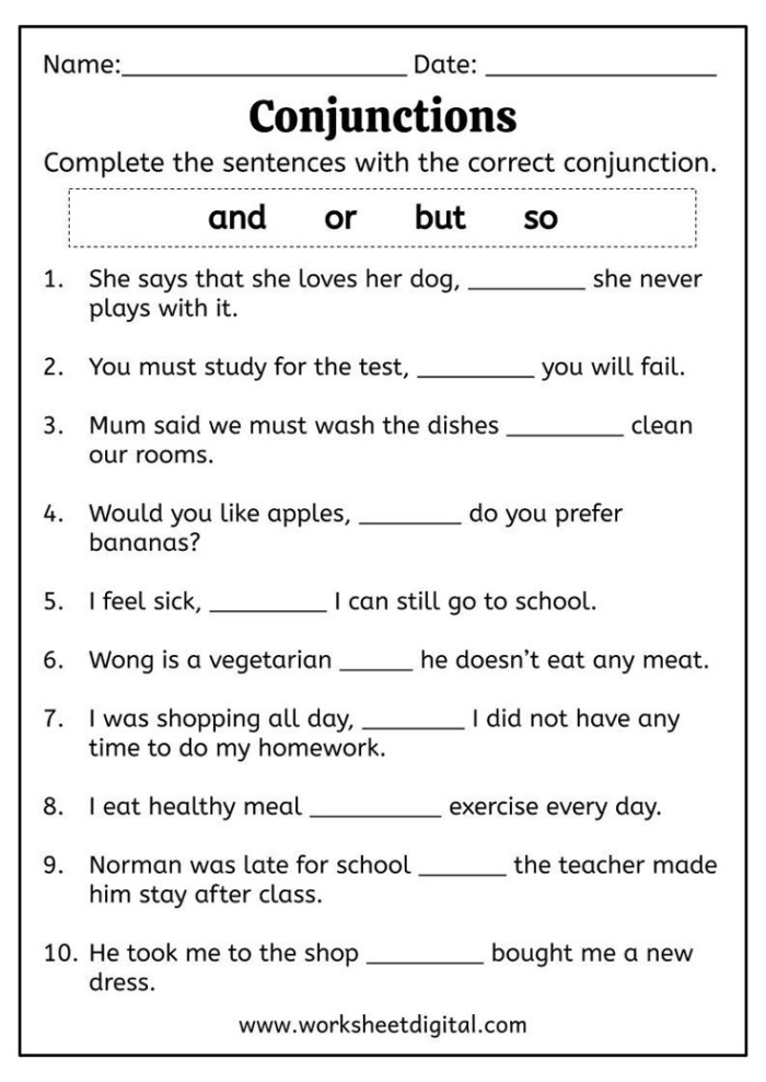 Conjunctions practice worksheet for kids in kindergarten with a word bank for sentence building Colorful worksheet for kindergarten featuring conjunction examples and sentence completion activities