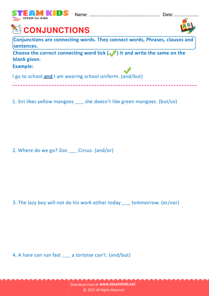 Writing worksheet for Kindergarten Colorful worksheet featuring conjunction examples for kids with fill-in-the-blank sentences. Educational resource for kindergarten students to practice using conjunctions.