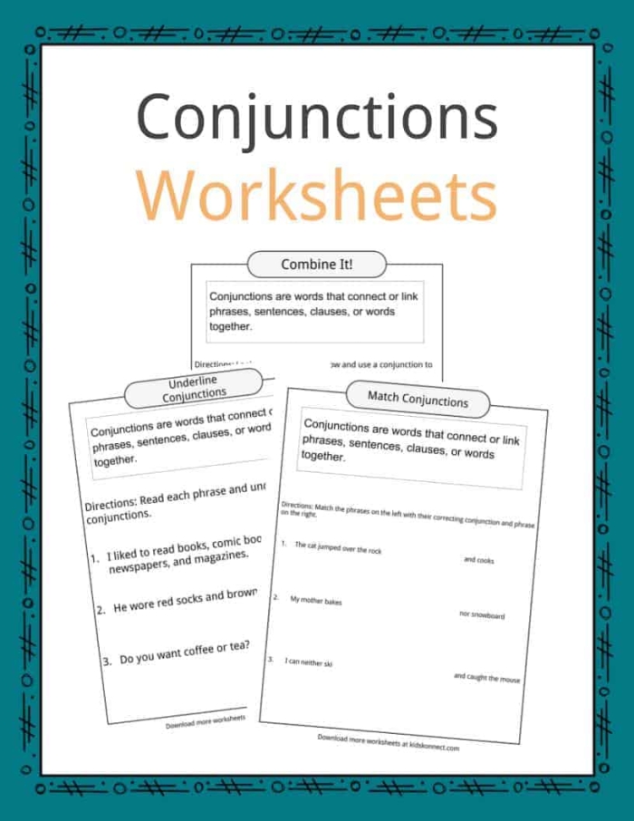 Engaging conjunction practice worksheet for Kindergarten students Conjunction Examples for Kids worksheet with sentences to complete using a word bank