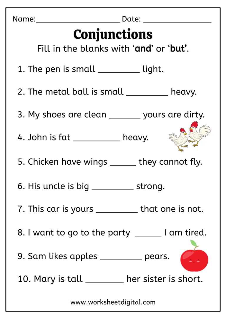 Writing worksheet for Kindergarten Worksheet featuring conjunction examples for kids with fill-in-the-blank sentences. Educational resource for kindergarten students to practice using conjunctions.