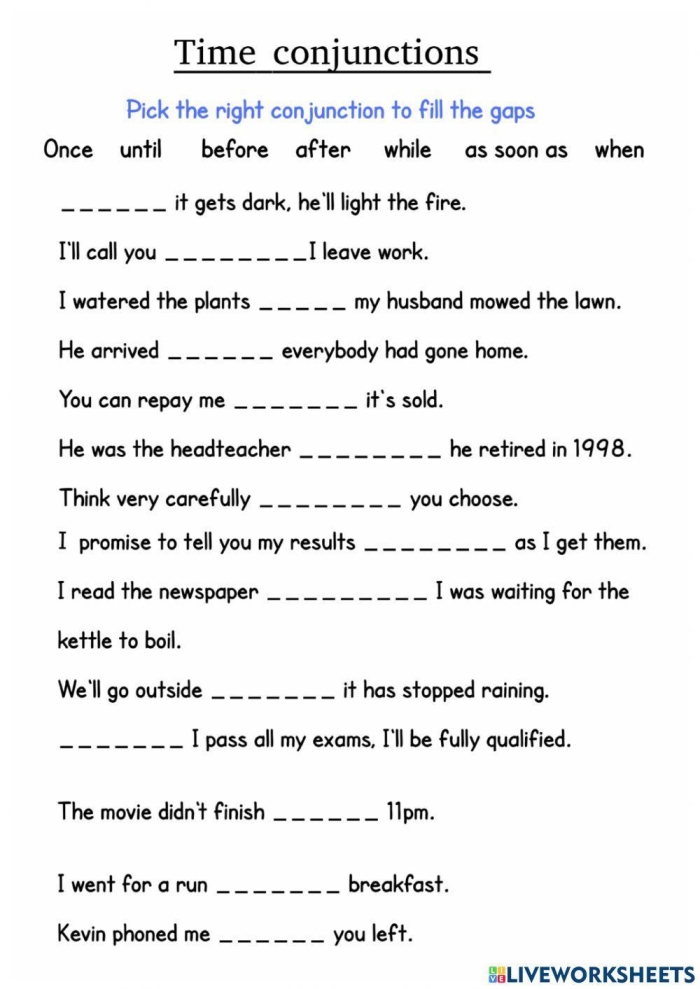 Writing worksheet for Kindergarten Worksheet featuring conjunction examples for kids with fill-in-the-blank sentences. Educational resource for kindergarten students to practice using conjunctions.
