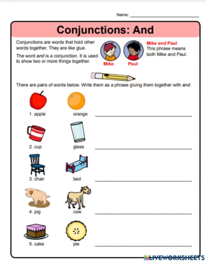 Writing worksheet for Kindergarten Worksheet featuring conjunction examples for kids with fill-in-the-blank sentences. Educational resource for kindergarten students to practice using a conjunctions word bank.