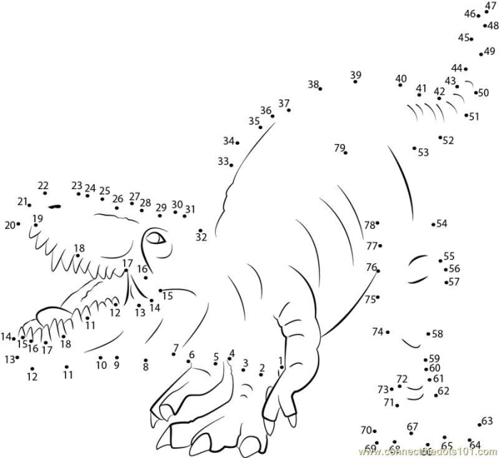 Toothy T-Rex connect the dots worksheet for kindergarten students to practice counting from 1 to 45