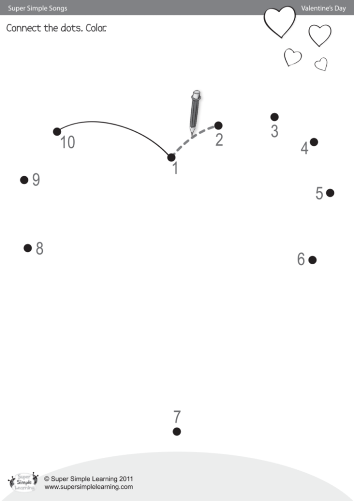 Kindergarten worksheet showing a connect the numbers activity for geometry math practice
