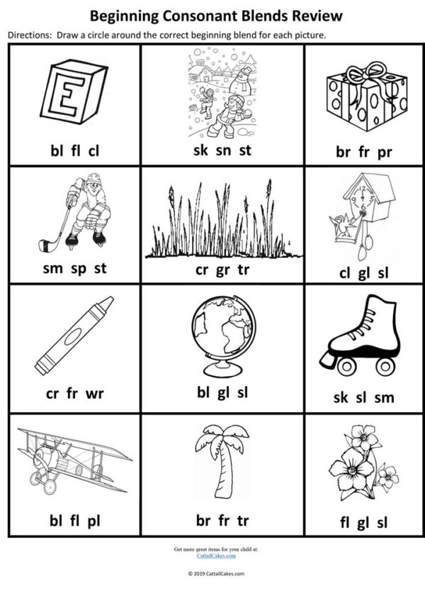 Beginning Consonant Blends worksheet for kindergarten students to practice standardized testing skills