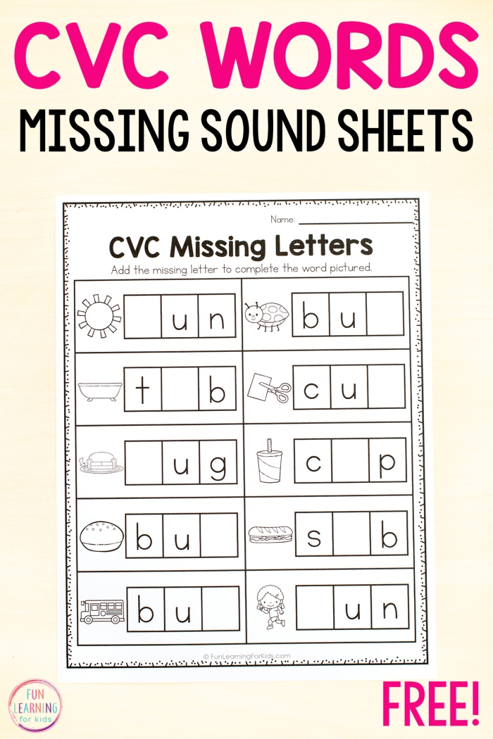 Worksheet featuring consonant, vowel, consonant words for kindergarten students