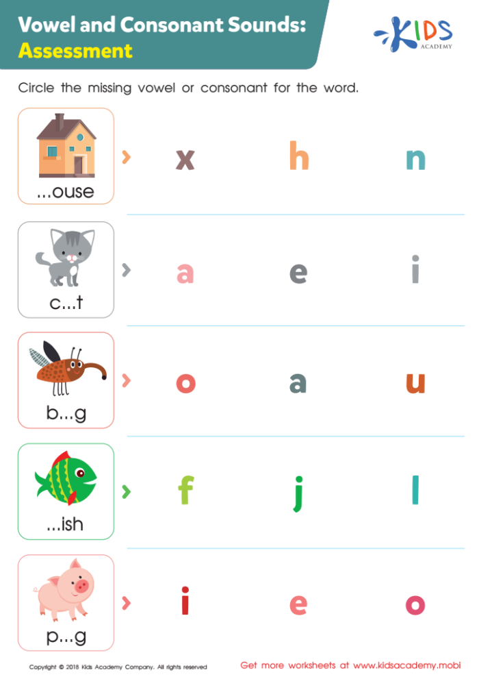 Worksheet featuring consonant, vowel, consonant words for kindergarten learners
