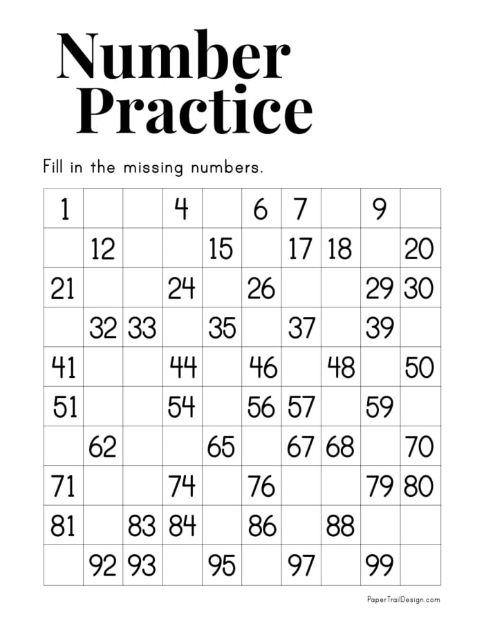 Missing Numbers worksheet for kindergarteners to practice counting from 1 to 100