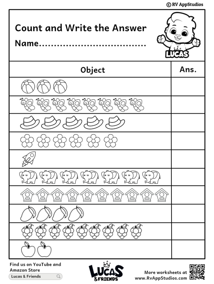 Printable worksheet for kindergarten counting practice focusing on numbers 11 to 20