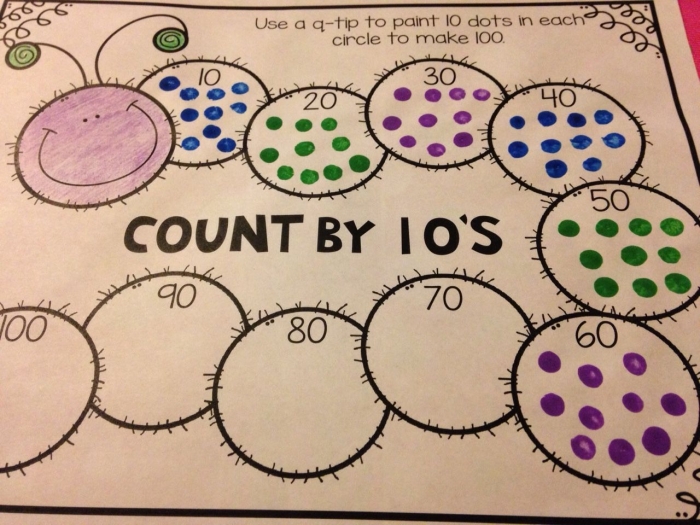 Kindergarten students practicing counting by ones and tens in a 100th Day Counting Reader booklet