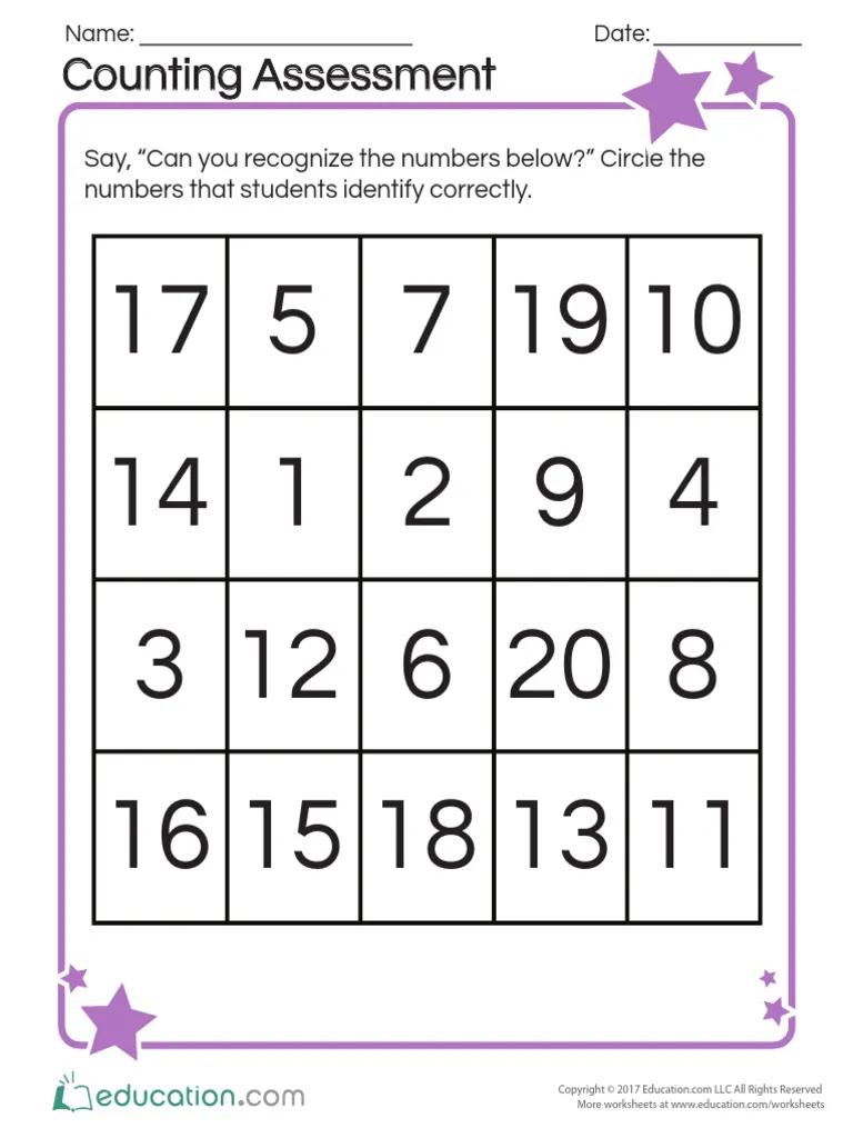 Engaging counting practice for young learners in physical science activities Counting Assessment worksheet for kindergarten students featuring numbers 1-20