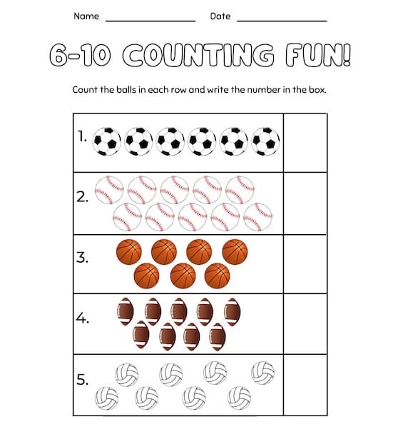 Reverse Counting Practice Activity for Early Learners Kindergarten student practicing counting backwards from ten to one on a colorful worksheet with numbered objects