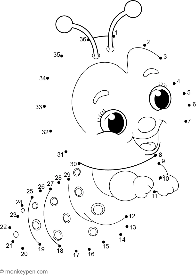 Caterpillar connect the dots activity sheet number 6 Kindergarten caterpillar dot-to-dot counting worksheet for practice number 6