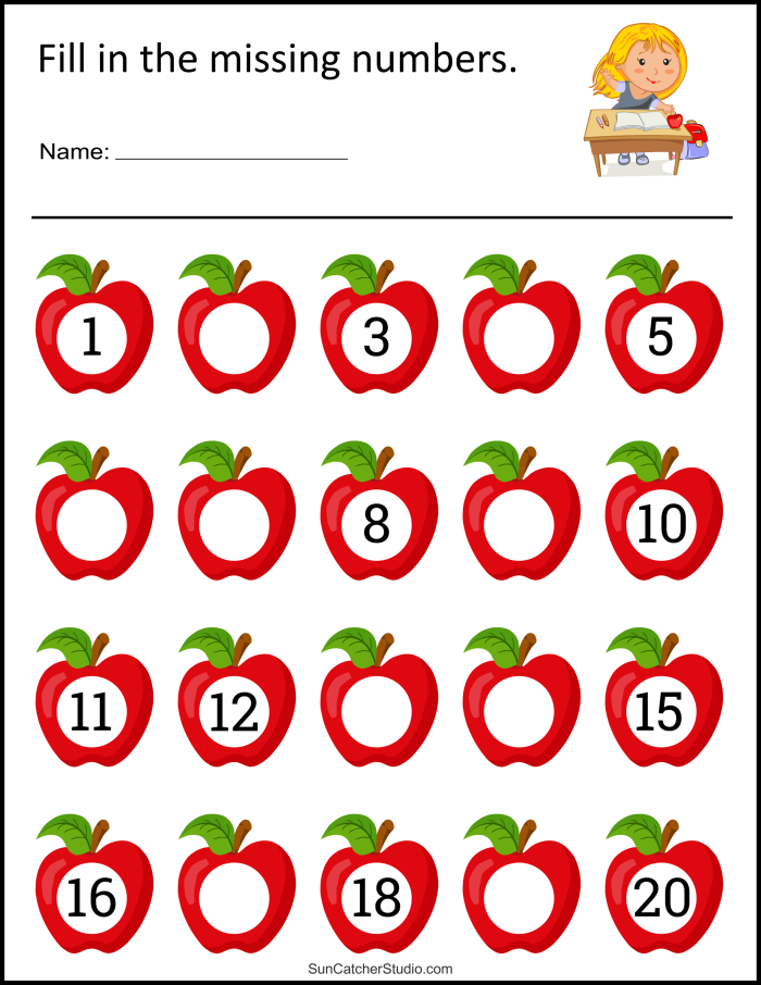 Kindergarten worksheet showing a caterpillar with missing numbers between five and ten