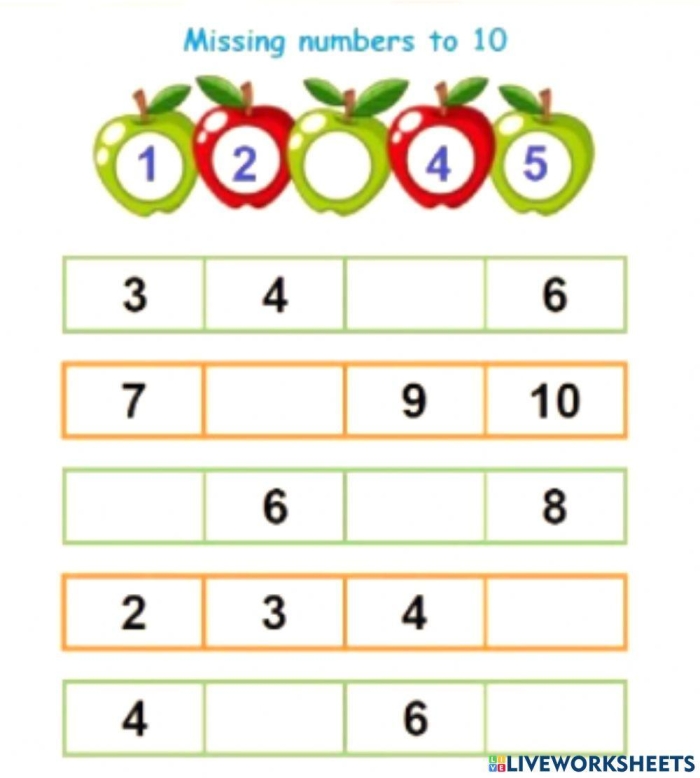 Kindergarten worksheet featuring a friendly caterpillar with missing numbers between five and ten to fill in.