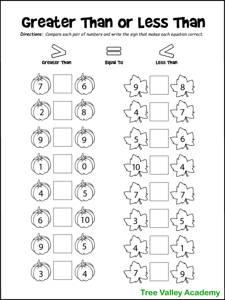 Colorful worksheet for kindergarten students learning less than and greater than concepts through object counting