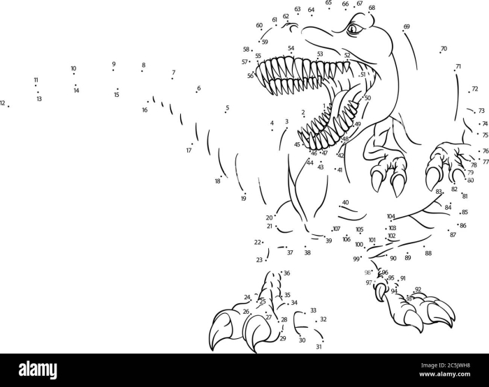 Toothy T-Rex connect the dots worksheet for kindergarten students practicing counting from 1 to 45