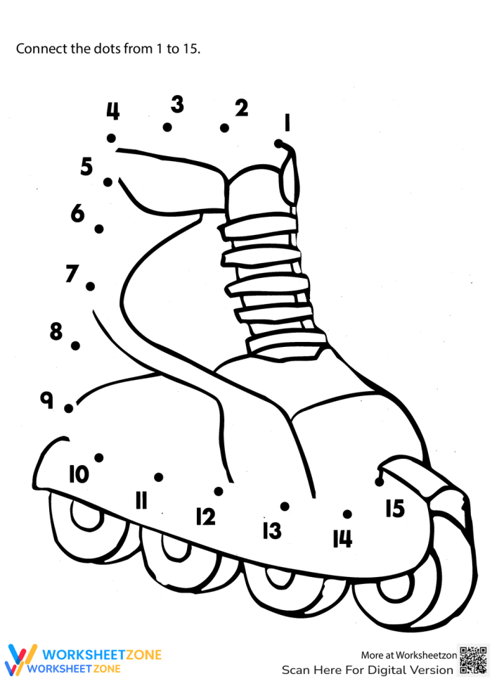 Kindergarten worksheet with a roller skate dot-to-dot puzzle for practicing counting numbers one through fifteen