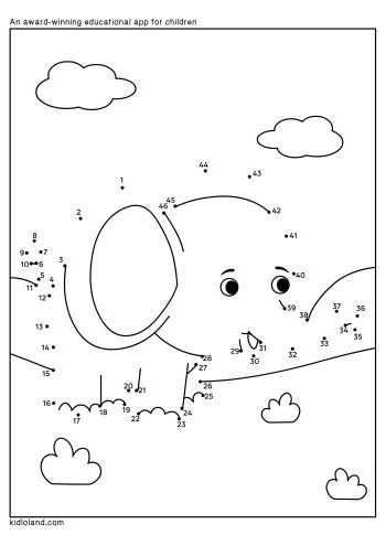 Elephant dot to dot worksheet for kindergarten students to connect the dots and color the elephant. Fun activity for young learners to improve counting and fine motor skills.