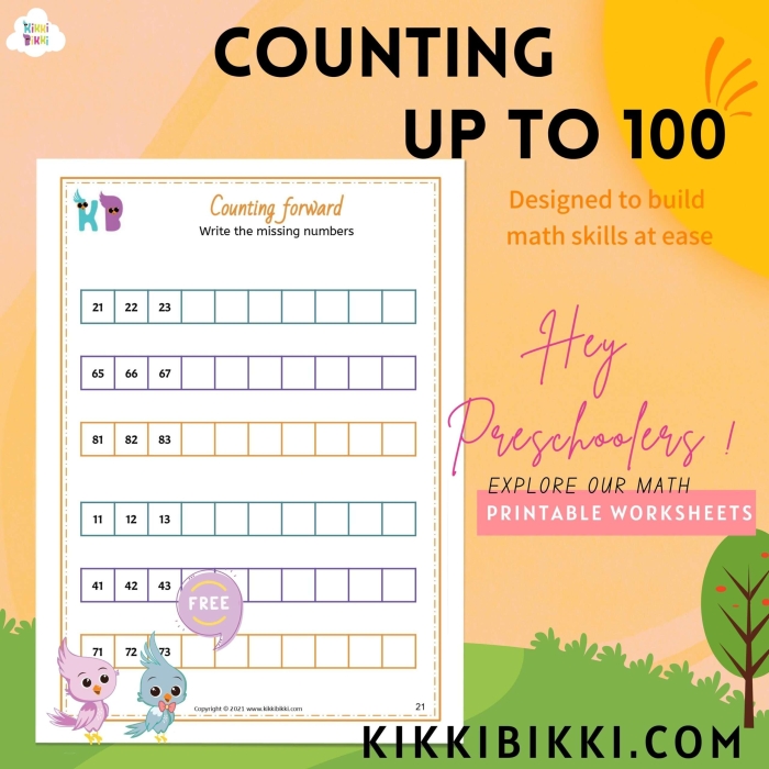Glossary worksheet for learning to count to 100 for kindergarten students