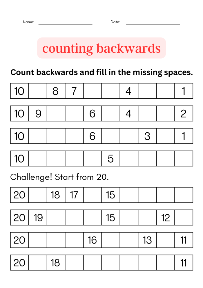 Glossary worksheet for kindergarten students learning to count to 100 with EL support