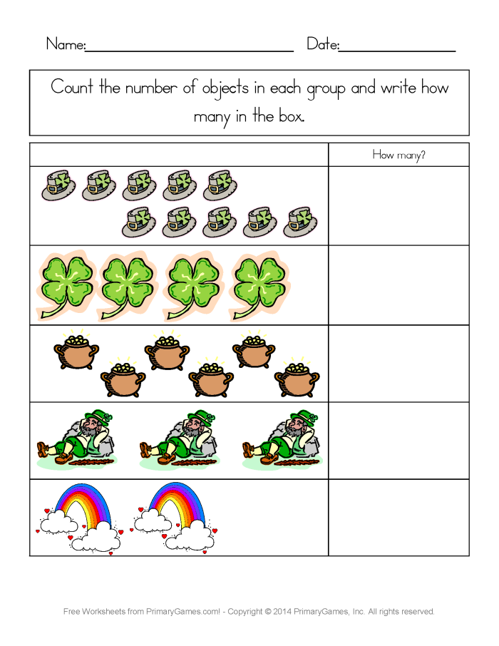 St. Paddy's Counting worksheet for young learners featuring joyful leprechauns Counting leprechauns in a festive St. Paddy's Day worksheet for kindergarten students