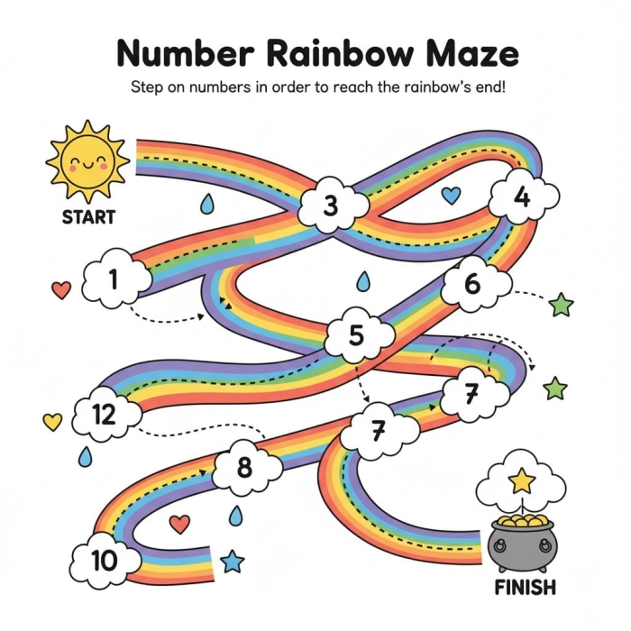 A kindergarten number maze worksheet featuring a prince character navigating a path from 1 to 20 to reach Rapunzel in a tower