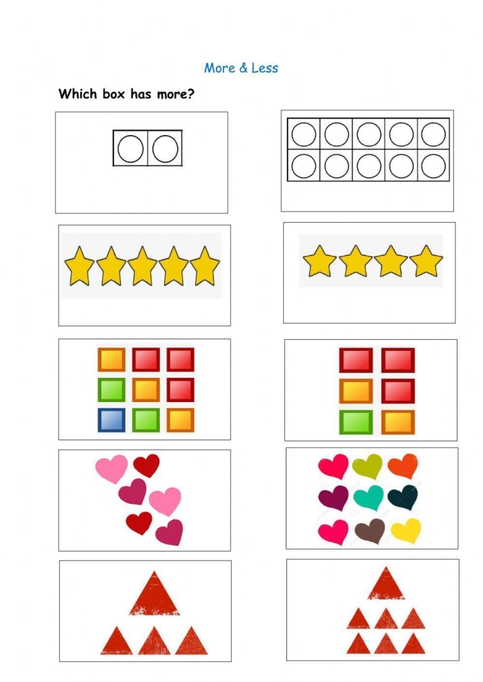 Engaging activity for kids to identify which group has more or less members More and Less worksheet for kindergarten focusing on counting groups of animals