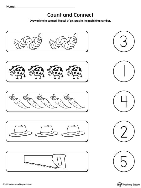 Connect the Numbers worksheet for kindergarteners matching numbers to quantities