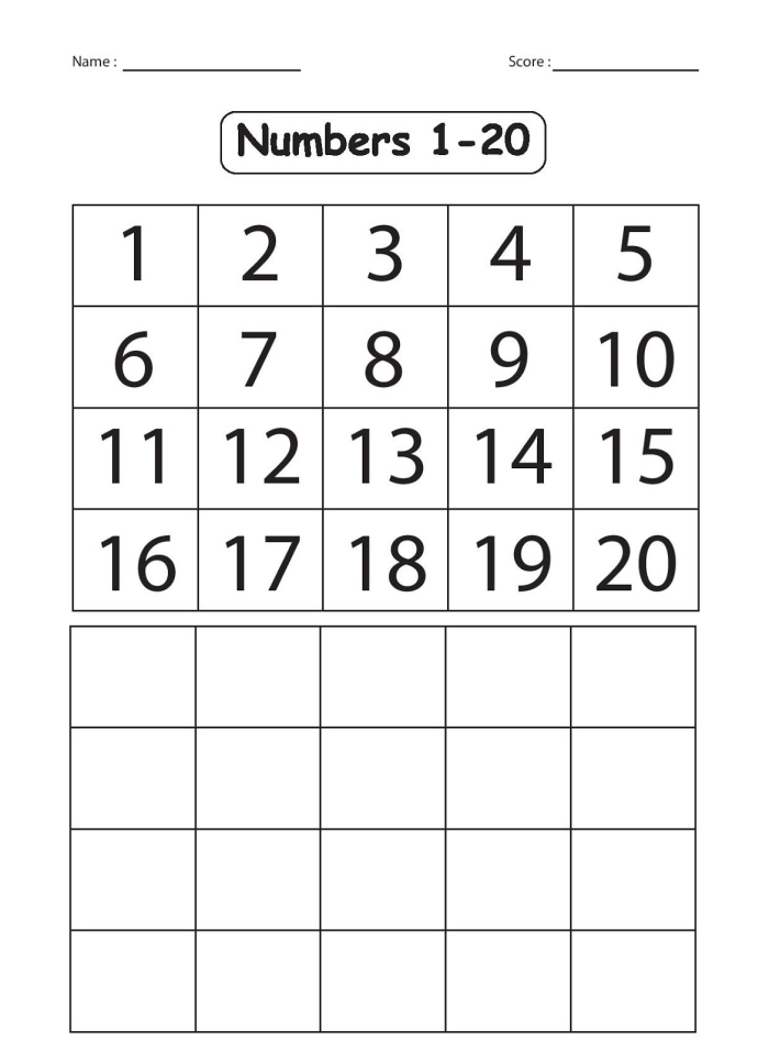Worksheet displaying numbers 1 to 20 for kindergarten students to practice counting