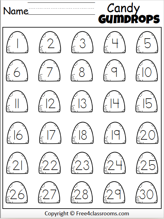 Colorful worksheet for kindergarteners to practice filling in missing numbers up to 30