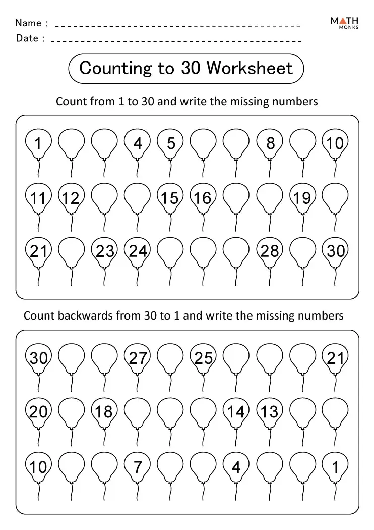 Colorful kindergarten worksheet for practicing counting numbers up to 30 with fill-in-the-blank sections