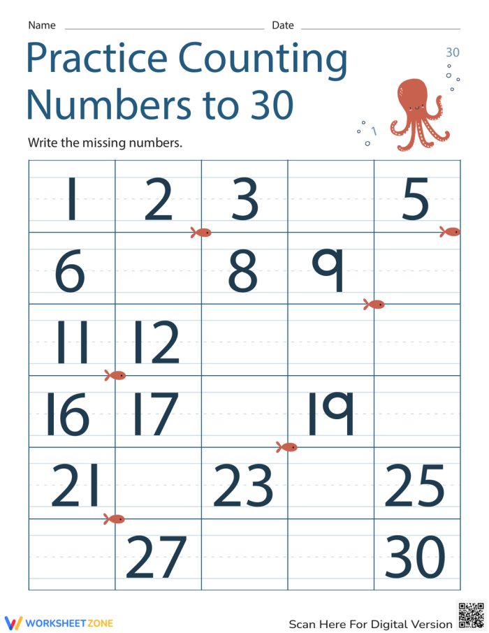 Colorful counting worksheet for kindergarten students to practice filling in numbers up to 30