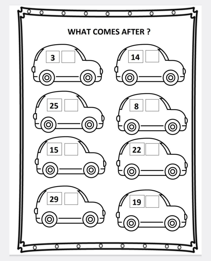Kindergarten worksheet for practicing counting and writing missing numbers up to 30