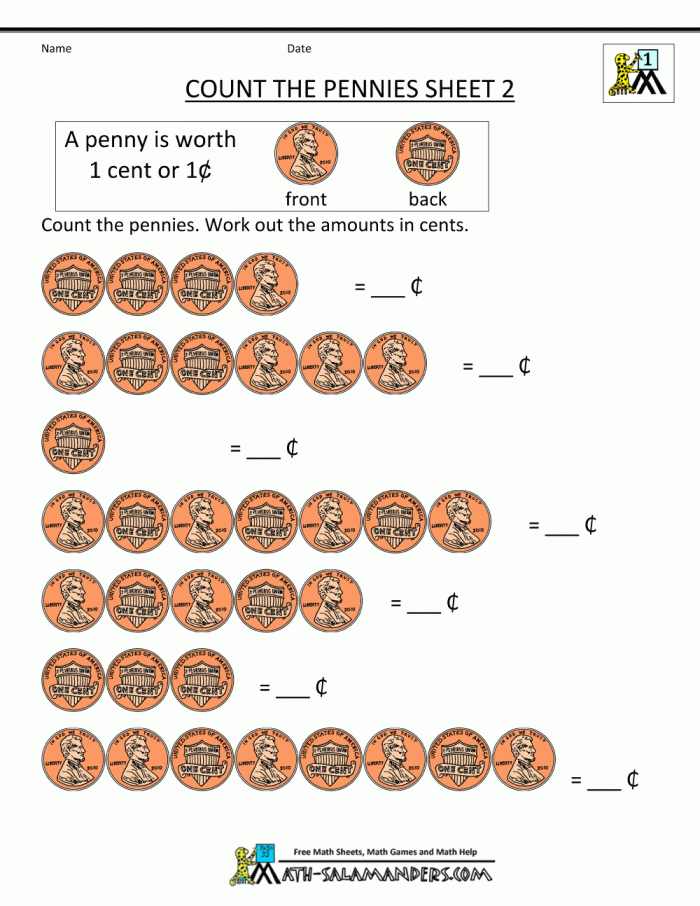 Worksheet illustrating counting pennies for kindergarten students