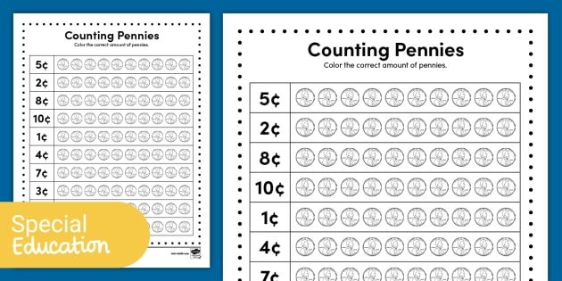 Worksheet featuring counting pennies for kindergarten students