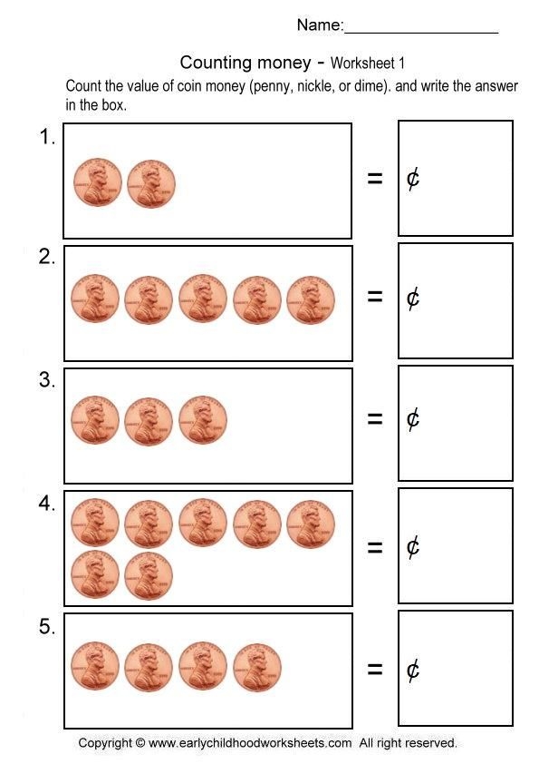 Worksheet for counting pennies in rows for kindergarten students