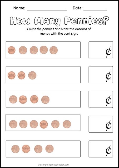Worksheet for counting pennies in rows for kindergarten students